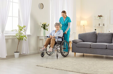 Portrait of cheerful happy senior woman in wheelchair with young nurse or health care worker in...