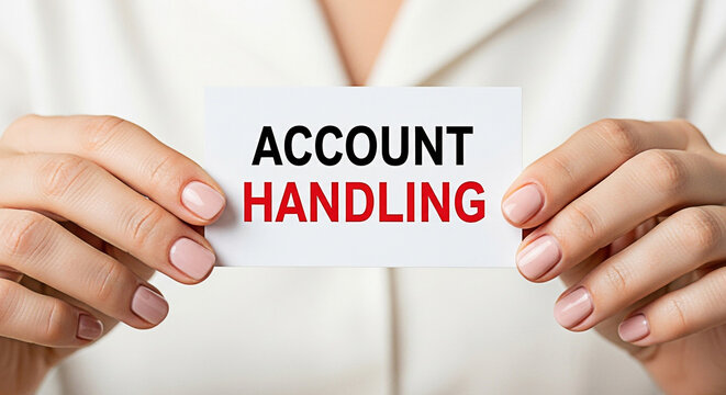 Woman presents account handling business card with manicured hands in a professional setting for financial services and client management - Powered by Adobe