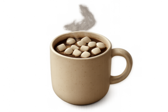 Warming hot chocolate with melting marshmallows in a ceramic mug, steam rising, transparent background, sweet cozy winter beverage