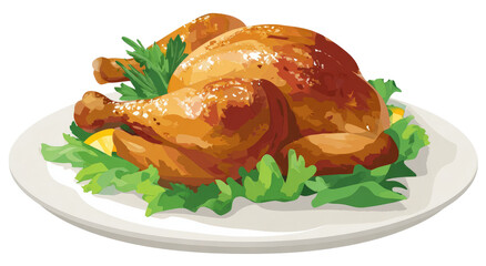 Roasted chicken on a plate with herbs and lemon.  A whole, golden-brown roasted chicken rests on a white plate.  Fresh herbs and a lemon slice adorn the bird.  Appetizing and ready to eat