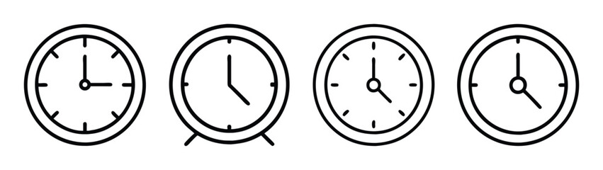 Clocks showing different times black and white outline vector illustration time concept design