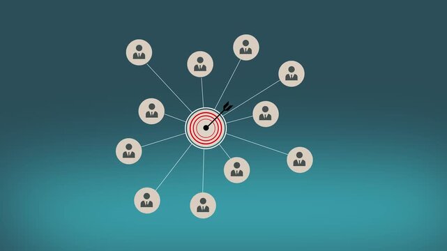 Conceptual target and network with man icons on a colorful background. Motion graphics of network team concept.