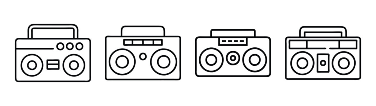 Vintage boombox vector illustration, retro ghetto blaster drawing, old school stereo system icon set