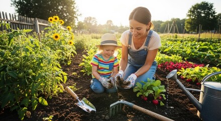 Mother and Child Cultivating Vegetables in Home Garden, Gardening Together for Sustainable Living, Family Lifestyle Blogs, Eco-Friendly Websites, Nature Articles, and Community Awareness