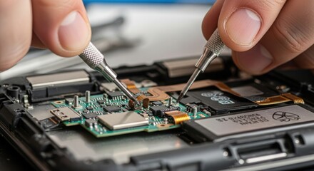 Repairing Microelectronics on Circuit Board with Tweezers for Technical Blogs, Electronics Repair Websites, DIY Tutorials, Educational Material, and Technology Cards