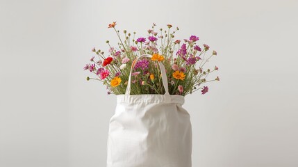 Colorful wildflowers arranged in a white bag on a neutral background  