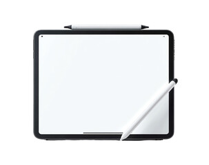 Blank tablet screen with stylus.  A rectangular, white tablet screen is centered, surrounded by a dark gray or black frame. A matching stylus rests atop the screen, angled slightly toward the right