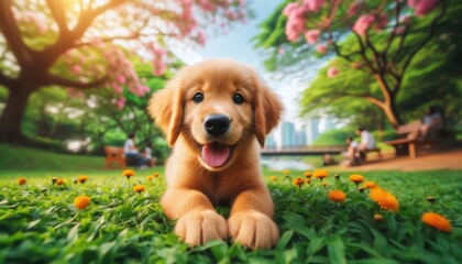 A playful golden retriever puppy enjoys the sunny afternoon in a vibrant park. Colorful flowers surround the happy dog as people relax nearby under blooming trees.