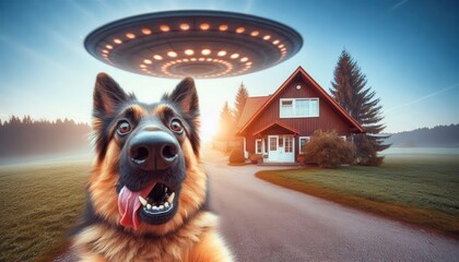 A happy dog stands in front of a cozy house, gazing up at a flying saucer in the sky. The scene captures a serene evening with colorful sunset hues and lush green grass.