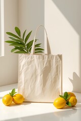Cream tote bag with lemons and green leaves on a sunny background  