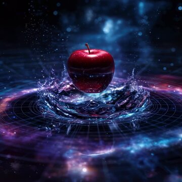 Red apple hovering over cosmic liquid splash with spacetime grid