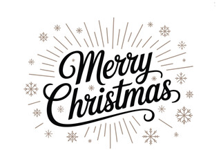 Elegant script lettering announces Merry Christmas with surrounding festive snowflakes and radiating lines on a white background.