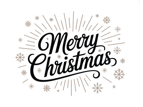 Elegant script lettering announces Merry Christmas with surrounding festive snowflakes and radiating lines on a white background.