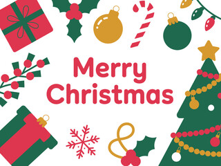 Merry Christmas text surrounded by festive holiday symbols like ornaments, gifts, candy canes, and a Christmas tree.