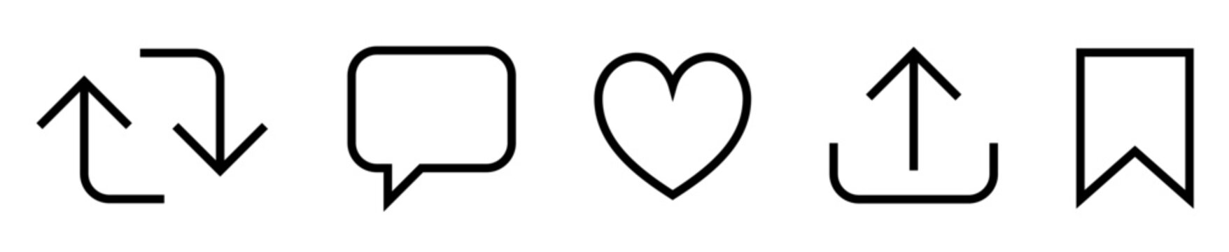 like icon, reply, repost, save, share icon signs - social media notification like comment, share icons. social network post reactions collection set. outline, editable stroke. vector illustration