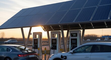 Electric Cars Charging at Solar Charging Station for Renewable Energy Websites, Sustainable Transport Blogs, EV Industry Presentations, and Green Energy Awareness Campaigns-