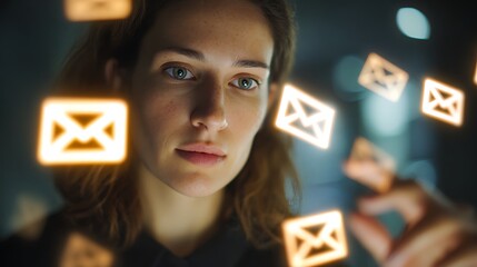 Professional woman checking floating email icons with glowing notification symbols, futuristic digital communication concept, soft cinematic lighting, modern office background