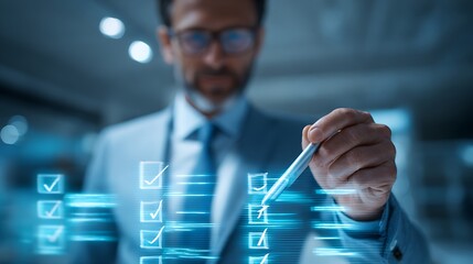 Professional businessman analyzing digital checklist on holographic screen, document validation and quality control concept, futuristic business interface, blue and white corporate tones