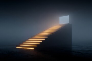 Floating staircase fading into fog, representing personal growth, ambition, and the unknown.