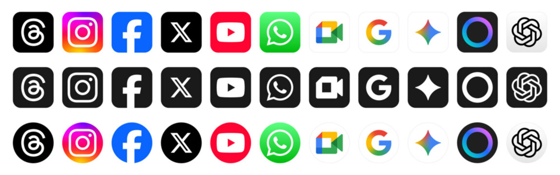 social media icon set social network logos , facebook, instagram, threads, x, youtube, whatsapp, google meet, icon . artificial intelligence ai apps: chatgpt, meta ai, google gemini, logo, icons