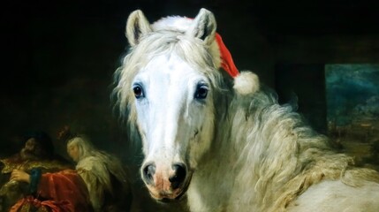 A majestic white horse wears a festive Santa hat. The image captures a blend of holiday spirit and artistic style. Ideal for seasonal themes and creative projects. AI