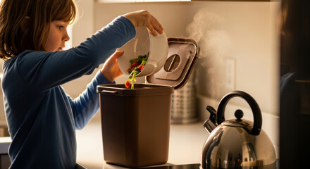 Child with brown hair in blue shirt is composting food scraps into a brown bin in a bright kitchen, promoting sustainable living and environmental awareness through responsible waste management