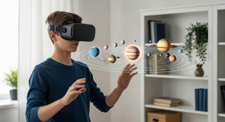 Young boy wearing virtual reality headset, interacting with floating planets in a modern living room, showcasing immersive technology and the wonders of space exploration in a captivating environment