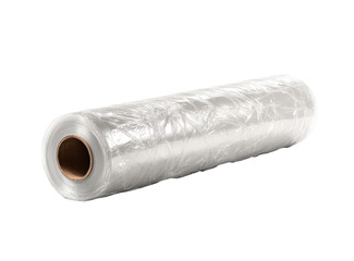 Clear plastic wrap roll.  A translucent, cylindrical roll of plastic wrap.  The wrap appears smooth and continuous.  A cardboard core is visible