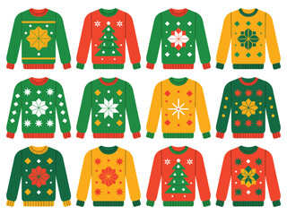 A collection of twelve festive Christmas sweaters with various holiday patterns and colors are displayed.