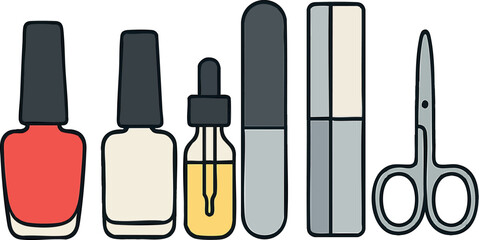 Nail care tools and nail polish bottles for manicure and grooming routine vector illustration