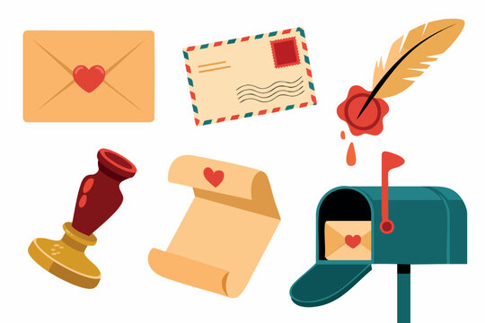 Vintage love letter mail set with envelope scroll quill feather pen wax stamp and mailbox vector design
