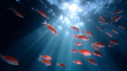 A stunning underwater scene filled with vibrant red fish swimming gracefully. The light penetrates the water, creating a serene atmosphere. Perfect for nature lovers and marine enthusiasts. AI
