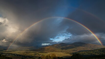 A colorful rainbow arcs over the mountains as dark clouds gather creating a stunning contrast.