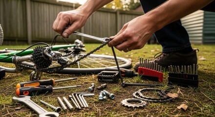 Man Repairing Bike Chain with Tools on Grass for Bicycle Repair Blogs, Cycling Websites, Maintenance Guides, DIY Articles, and Bicycle Safety Awareness