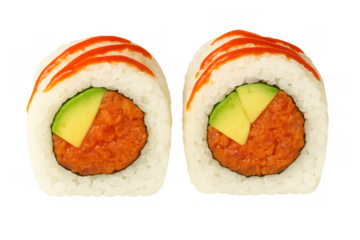 Spicy tuna maki sushi rolls with avocado and chili sauce, a popular japanese fusion dish on transparent background