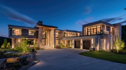 Stunning residence showcases contemporary design and warm lighting with lush greenery in the background.
