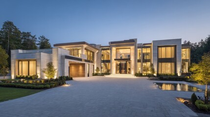 Fototapeta premium A grand luxury home stands illuminated at dusk showcasing beautiful design and lush greenery.