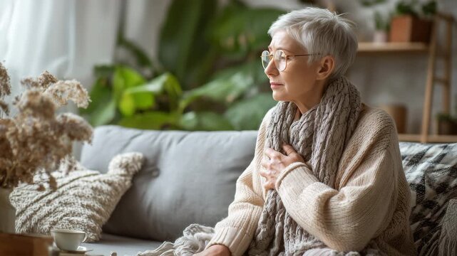 女性が室内で咳き込み胸に手を当てる