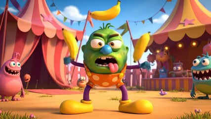 Cartoon monster character juggling bananas in a colorful circus setting - Powered by Adobe