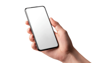 Close-up of a hand holding a blank-screen smartphone.  The phone is black with a white display, and the hand is seen from the wrist upwards.  Dark background