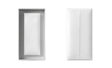 Two identical, empty, white rectangular boxes.  One is open, the other closed.  Both show a smooth, matte surface