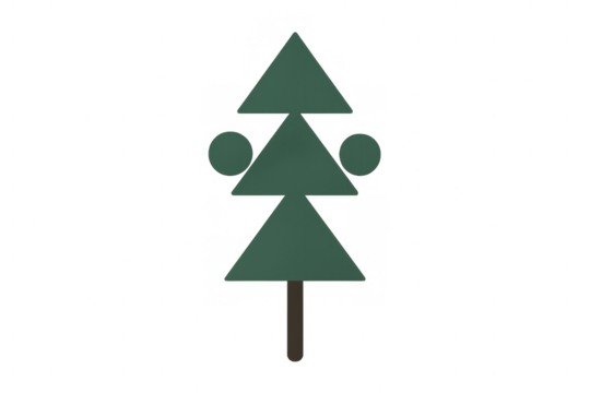 Minimalist green christmas tree icon assembling geometric shapes, spruce fir pine plant design, transparent background