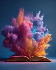 Colorful powder bursting from an open book, representing creativity, imagination, and learning energy.