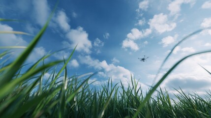 A serene view from the grass level, where a drone gracefully hovers in a blue sky filled with fluffy clouds. The image captures the beauty of nature and technology. AI
