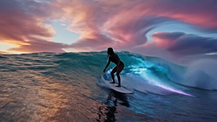 Surfer riding ocean wave silhouette against colorful sunset sky - Powered by Adobe