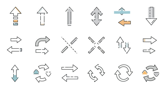 Collection of minimalist arrow vector icons, diverse directions, shapes, and styles