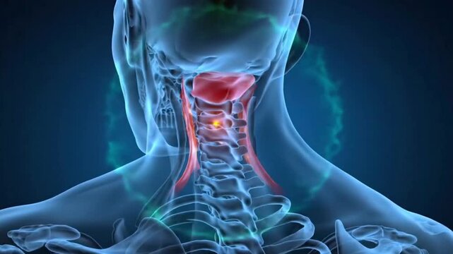 X ray view of human head and neck with highlighted pain areas and visible skull and spine anatomy