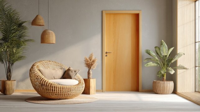 Bright room with a rattan chair green plants and a wooden door creating a calming atmosphere.