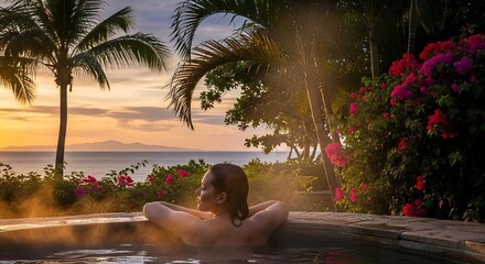 A woman relaxes in a natural hot spring, embodying peace. The image captures a serene retreat with a picturesque sunset.