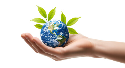 A hand tenderly cradles the Earth, symbolizing care for the planet, isolated on transparent background